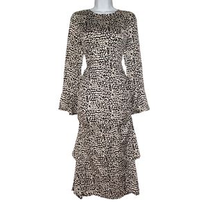 NASTY GAL Cheetah Leopard Animal Print Cream Black Midi Ruffle Dress 10 Medium